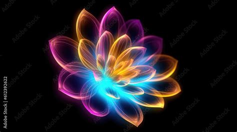 Multicolor neon light drawing, abstract shape flowers isolated on black background. Glowing line ...