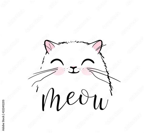 Cute cat vector print design. Meow lettering text. Kitten face vector ...