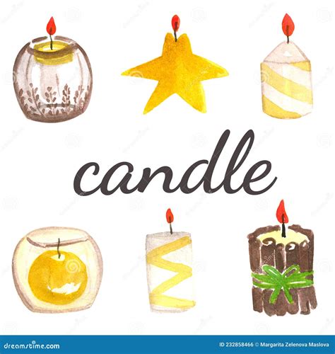 Illustrations Watercolor Candles of Different Shapes in Candlesticks ...