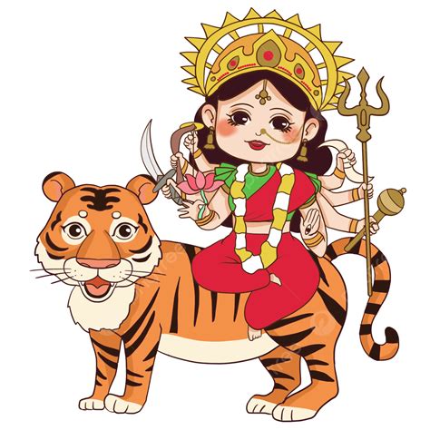 Durga Goddess Durga Cartoon Style Indian Traditional Goddess Riding Tiger, Durga Bodhisattva ...