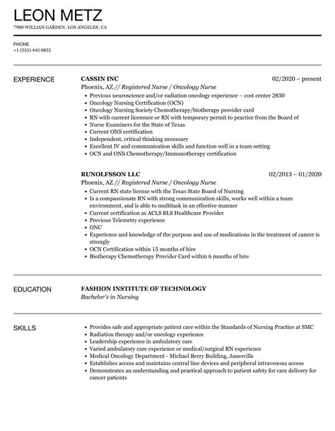 Oncology Nurse Job Description Resume