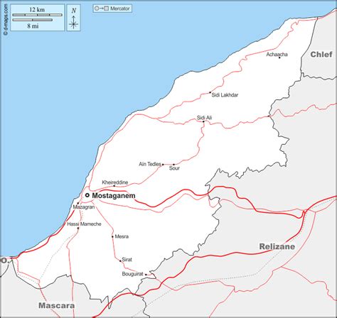 Mostaganem free map, free blank map, free outline map, free base map boundaries, main cities ...