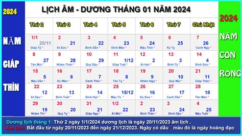 Lịch âm dương và những ngày lễ trong tháng 1 năm 2024