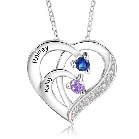 Personalized Mother Necklace 2 Stones Engraved 2 Names Birthstone Intertwined Heart Pendant