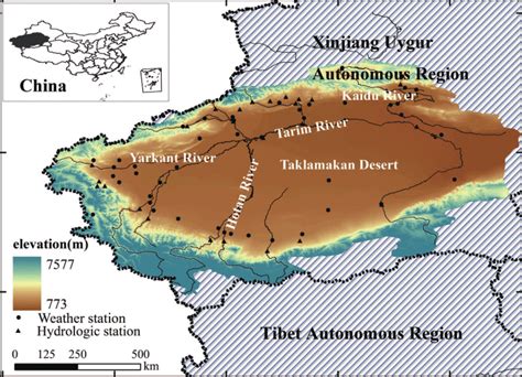 The Tarim River Basin in Northwest China and locations of... | Download Scientific Diagram