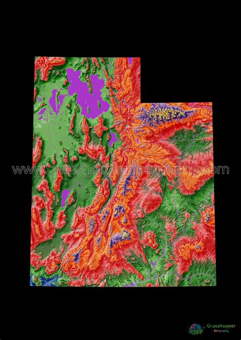 Elevation map of Utah with black background - Fine Art Print ...