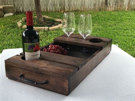 Wooden Wine Bottle & Wine Glass Serving Tray Table Décor Decorative Hosting Tray for Serving ...