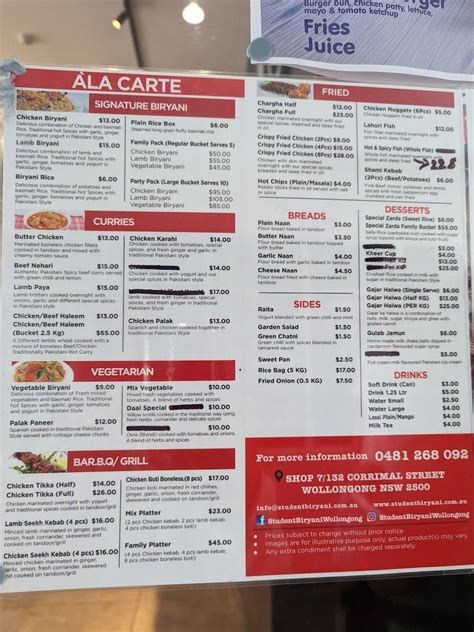 Menu at Student Biryani Wollongong restaurant, Wollongong