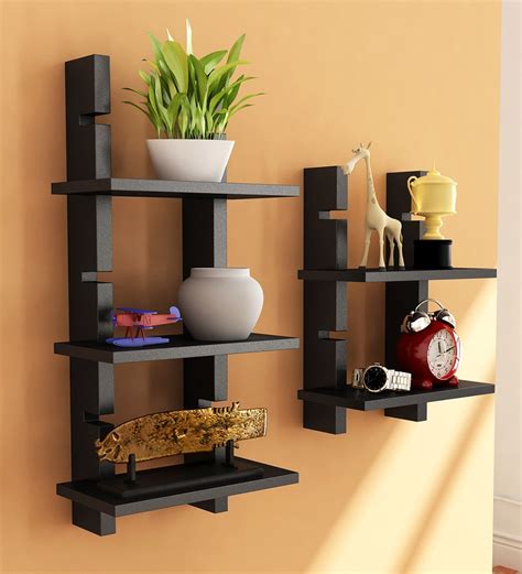 Buy Set of 2 Engineered Wood Ladder Floating Wall Shelf in Black Colour ...