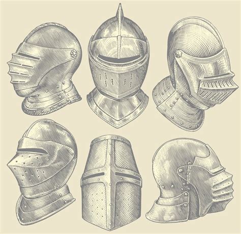 Set Medieval knights helmets, an Illustration by Vector Engraving ...