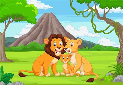 Premium Vector | Cartoon family lion in the jungle