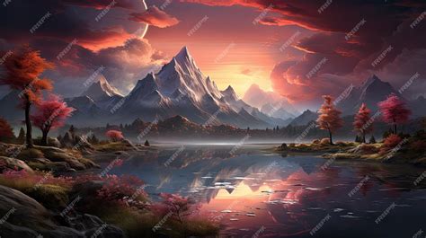 Premium AI Image | A mountain lake with a sunset in the background