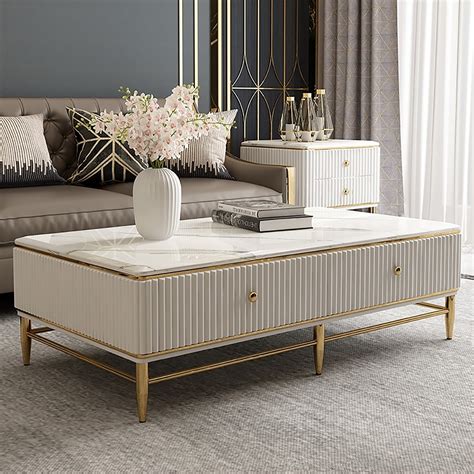 Bline 51" White Faux Marble Rectangle Coffee Table in Gold with Storage 4 Drawers | Center table ...