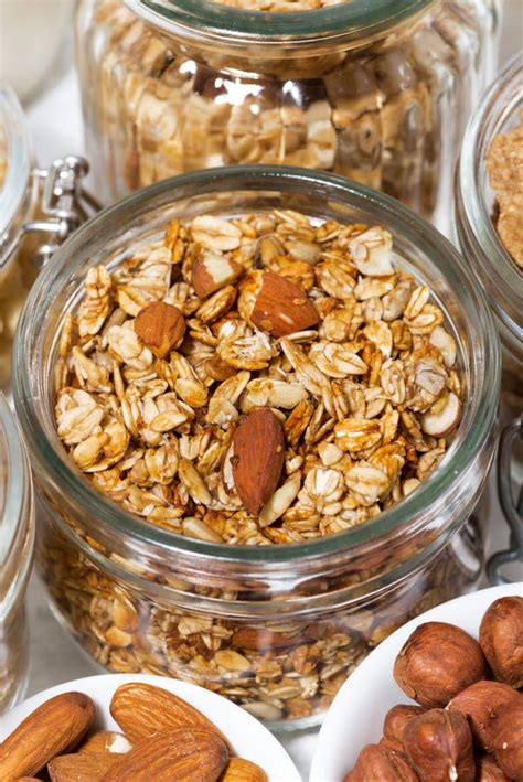 Assortment of Breakfast Cereals and Nuts, Vertical Closeup Stock Image ...