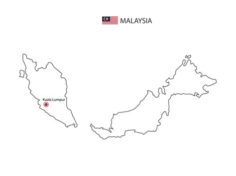 Hand draw thin black line vector of Malaysia Map with capital city Kuala Lumpur on white ...