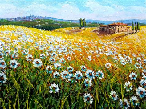 Flowers field - Original Italian oil painting Tuscany landscape Painting by Gino Masini - Fine ...