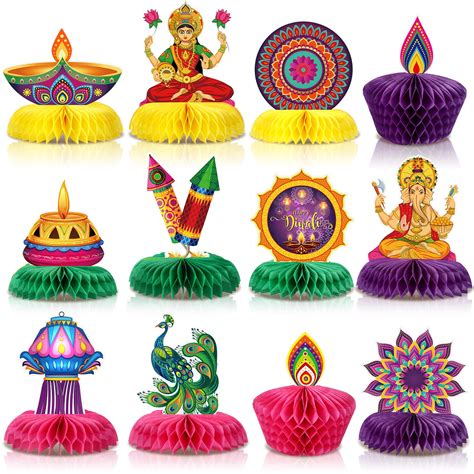 Buy Clabby 12 Pieces Diwali Party Decorations Paper Honeycomb Centerpiece Table Toppers ...