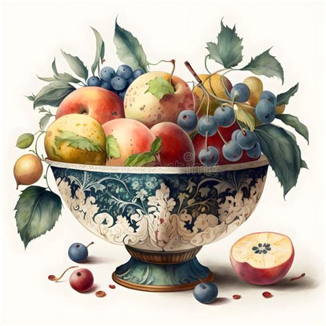 Watercolor of Various Fruits in Bowls Wallpaper, Ornamental Bowl of Fruit, Generative AI Stock ...