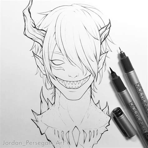 a drawing of an anime character with horns and fangs on his face next to two markers