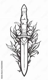 Dagger Outline Tattoo Desigh No Shadow Cartoon Coloring Page  sketch template