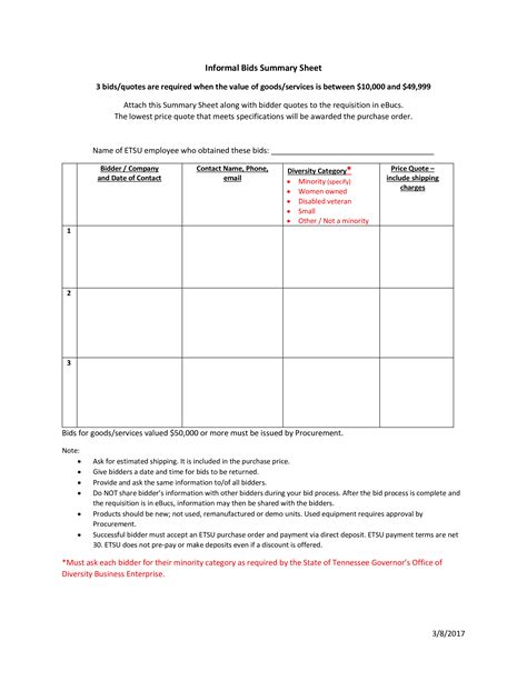 Informal Bids Summary Sheet | Templates at allbusinesstemplates.com