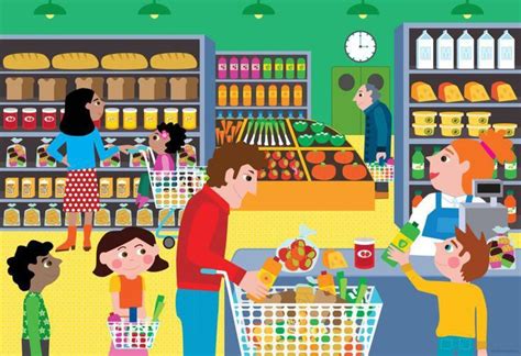 an illustration of people shopping in a grocery store with kids and ...