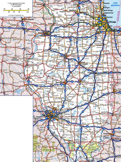 Large detailed roads and highways map of Illinois state with all cities and national parks ...