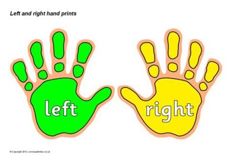 left and right hand prints are shown in green, yellow and pink colors with the words left and right