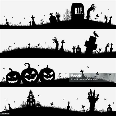 Black And White Horizontal Halloween Banners Stock Illustration - Download Image Now - Halloween ...