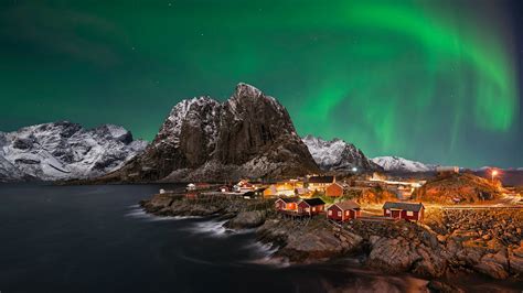 Download Lofoten Reine Night Norway Winter Mountain Light Aurora Borealis Landscape Man Made ...