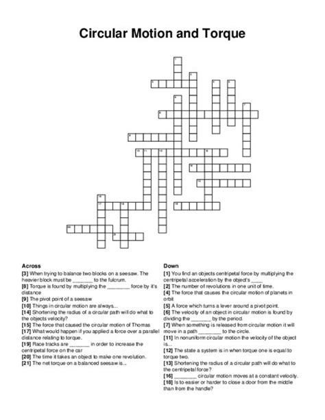 Circular Motion and Torque Crossword Puzzle