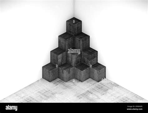 Abstract digital illustration with geometric dark cubes installation in white corner of an empty ...