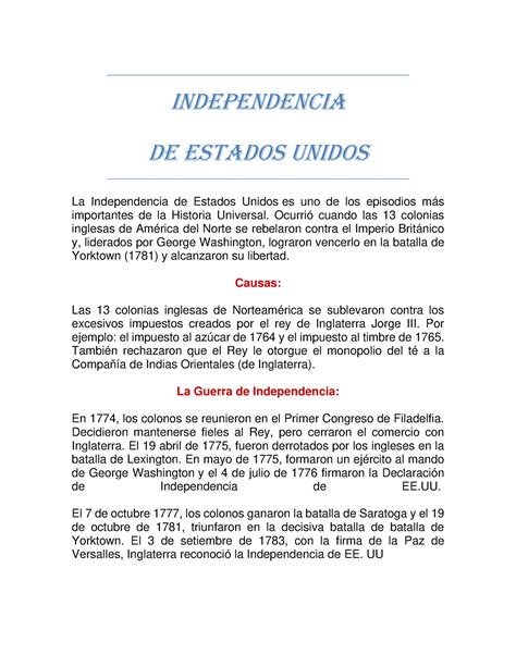 Resumen de La Independencia de Estados Unidos - INDEPENDENCIA DE ESTADOS UNIDOS La Independencia ...