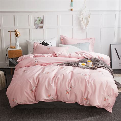 2018 Cute Rabbits Pink Bed Cover Cotton Bedding Sets Flat Sheet Fitted Sheet Twin Double Queen ...