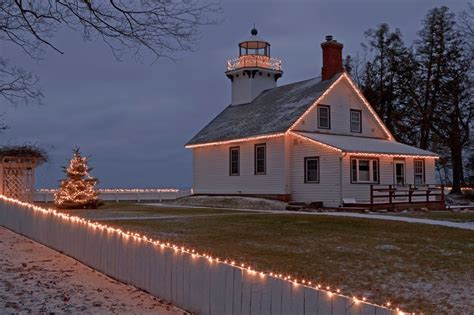 "Christmas Lighthouse" -- Old Mission Point Lighthouse lit up with ...