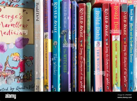 Closeup of colourful Roald Dahl book covers, spines, illustrations and artwork Stock Photo - Alamy