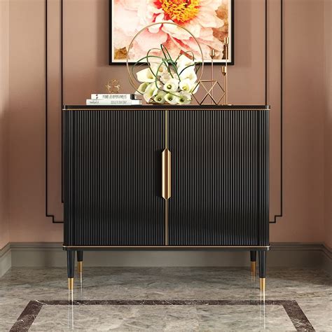 43.3" Modern Entryway Cabinet Black Accent Cabinet with 2 Doors 2 Shelves in Gold