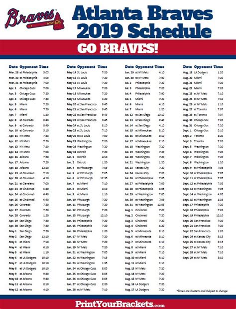 Atlanta Braves Printable Schedule