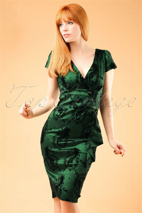 50s Penny Peacock Pencil Dress in Emerald Green