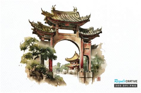 Watercolor Chinese Gate Clipart Png Graphic by Regulrcrative · Creative Fabrica