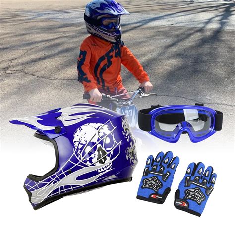 TCMT Helmet for Kids Blue Flame Skull with Goggles & Gloves DOT Youth helmet for Atv Mx ...