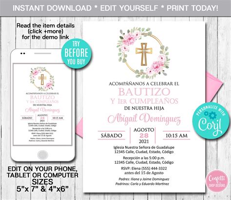 Editable Baptism Invitation Girl Spanish Christening Invitation Bautizo ...