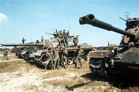 Resting ARVN M48 tanks and their crews in South Vietnam, 1973