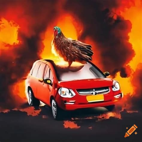 Funny image of a chicken driving a car with explosions in the ...