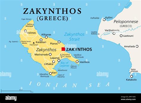 Zakynthos, Greek island, political map. Also known as Zakinthos or Zante, part of the Ionian ...