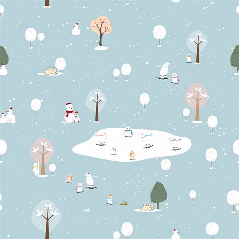 Seamless pattern Winter landscape with polar bear playing ice skate ...