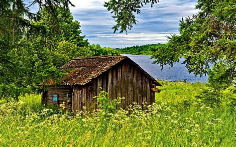 Wooden cottage near river, pretty, hut, house, riverbank, shore, grass, cottage, HD wallpaper ...