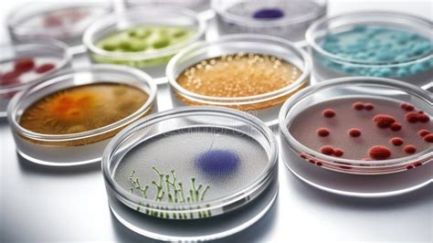 Mixed of Bacteria Colonies in Various Petri Dish. Growing Cultures of Microorganisms, Fungi or ...