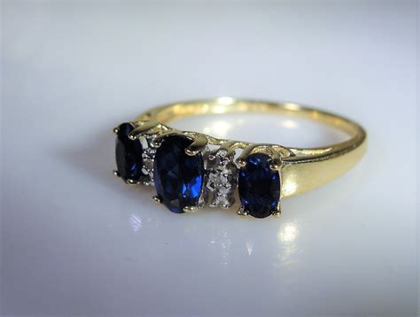 10K Retro Blue Sapphire and Diamond Trilogy Band Ring, Lab Created Sapphires, Genuine Diamonds ...