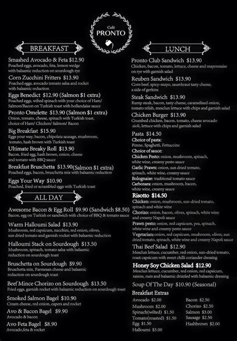 Menu at Cafe Pronto, Brisbane City